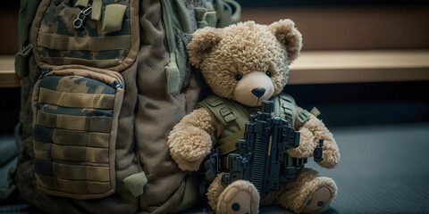 Brave Military Teddy Bear: Comrade with Camouflaged Backpack.  digital ai art