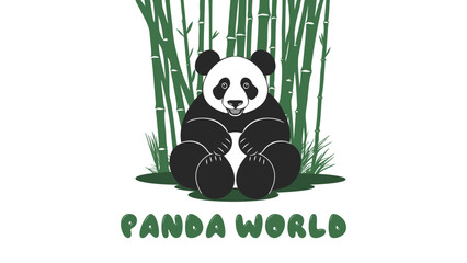 Vector friendly poster. A funny smiling kind cute panda sits against the backdrop of green thickets of bamboo. Large Chinese black and white bear. Inscription, panda world.