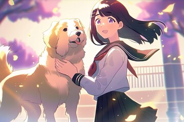 Pretty anime school girl with a dog looking at you illustration generative ai