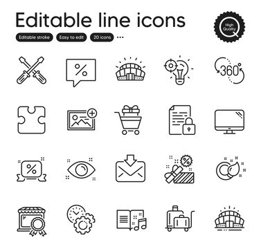 Set of Business outline icons. Contains icons as Puzzle, Discounts ribbon and Add photo elements. Seo idea, Luggage trolley, Arena stadium web signs. Screwdriverl, 360 degree. Vector