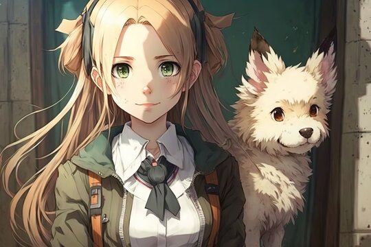 Pretty Anime School Girl With A Dog Looking At You Illustration Generative Ai