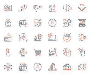 Technology icons set. Included icon as Cyber attack, Downloading and Chart web elements. Map, Move gesture, Face id icons. Like, People chatting, Gps web signs. Employees group. Vector