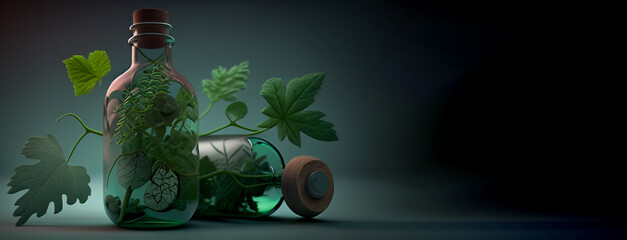 Medicine bottle with green plants leaves and sprouts, concept of naturopathy and healthy lifestyle medical science. Banner, horizontal copy space, generative AI illustration