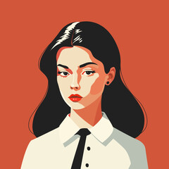 A business woman in a white shirt and tie on a contrasting orange background. Avatar of a brunette girl. Red lipstick on the lips, lush hair. A beautiful lady. Vector illustration, poster - obrazy, fototapety, plakaty