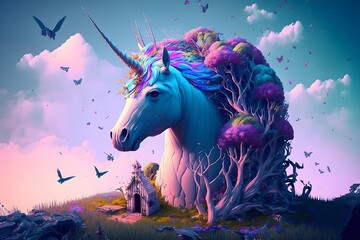 Psychedelic Unicorn in Heaven. Dreamy Landscape
