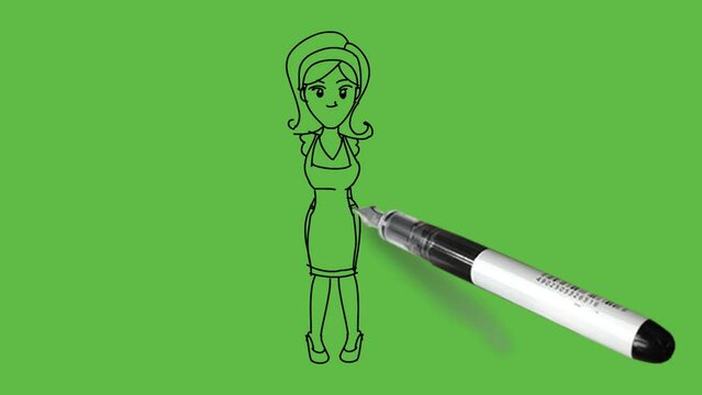 Draw young character girl hold right hand on hip and palta upward in left hand wearing short tight skirt and footwear with black outline on abstract green background
