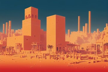Pixel art ancient Arabic city, city in the desert with buildings and palm trees, background in retro style for 8 bit game, Generative AI