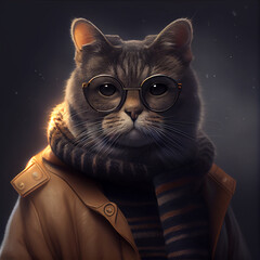 chic cat charisma wearing coat, wearing sunglasses, funny, fashion, pic as wallpaper, poster, t shirt and others