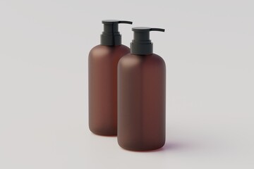 Amber Glass Pump Multiple Bottles Mock-Up, Liquid Soap, Shampoo Dispenser. 3D Illustration