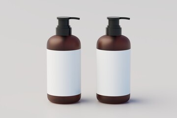 Amber Glass Pump Multiple Bottles Mock-Up, Liquid Soap, Shampoo Dispenser. 3D Illustration