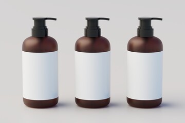 Amber Glass Pump Multiple Bottles Mock-Up, Liquid Soap, Shampoo Dispenser. 3D Illustration
