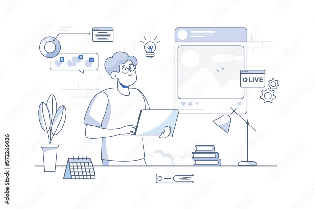 Poster content manager line concept with people scene in the flat cartoon design. manager work on making co