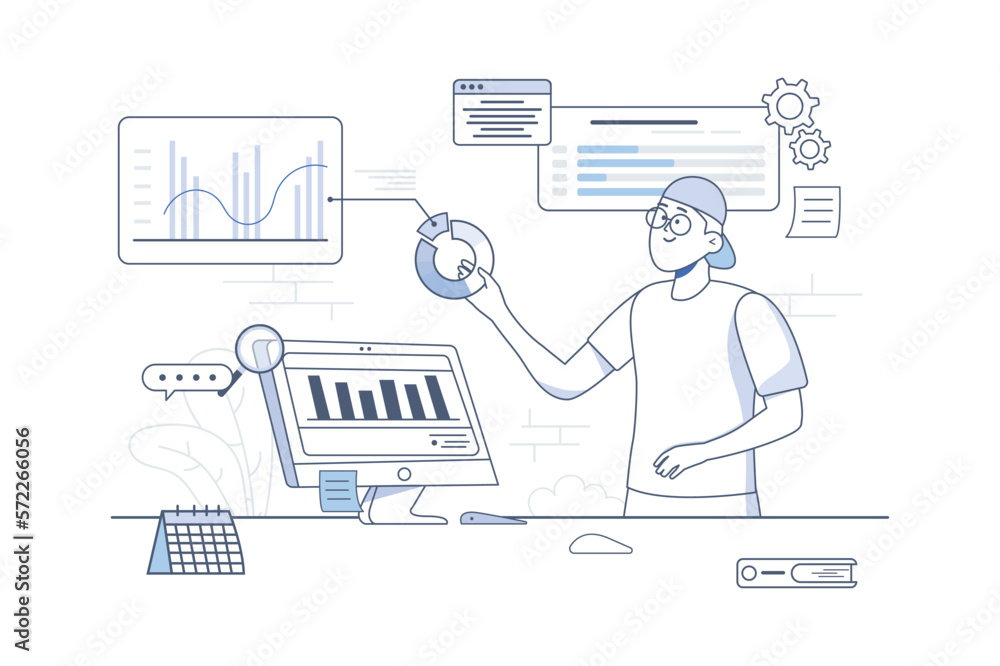 Poster data analysis line concept with people scene in the flat cartoon style. employee works on calculatio