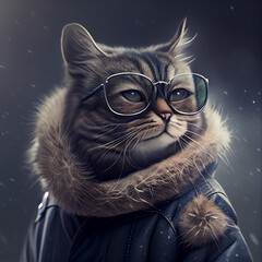 chic cat charisma wearing coat, wearing sunglasses, funny, fashion, pic as wallpaper, poster, t shirt and others