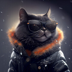 chic cat charisma wearing coat, wearing sunglasses, funny, fashion, pic as wallpaper, poster, t shirt and others