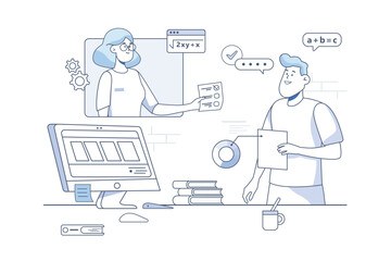 Education line concept with people scene in the flat cartoon style. Teacher gives a tasks for the student to improve his knowledge. Vector illustration.