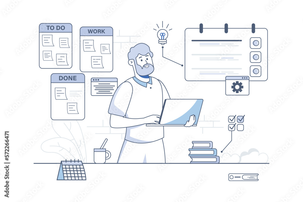Aufkleber planning line concept with people scene in the flat cartoon style. man makes a list of things that n
