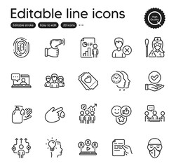 Set of People outline icons. Contains icons as Hold document, Love ticket and Time management elements. Idea, Remove account, Friends chat web signs. Like, Video conference. Vector
