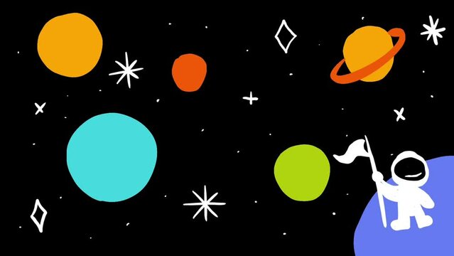 An astronaut kid in outer space animation.