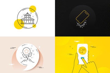Minimal set of Loyalty points, Smartphone broken and Technical algorithm line icons. Phone screen, Quote banners. Circus icons. For web development. Bonus grows, Phone crash, Project doc. Vector