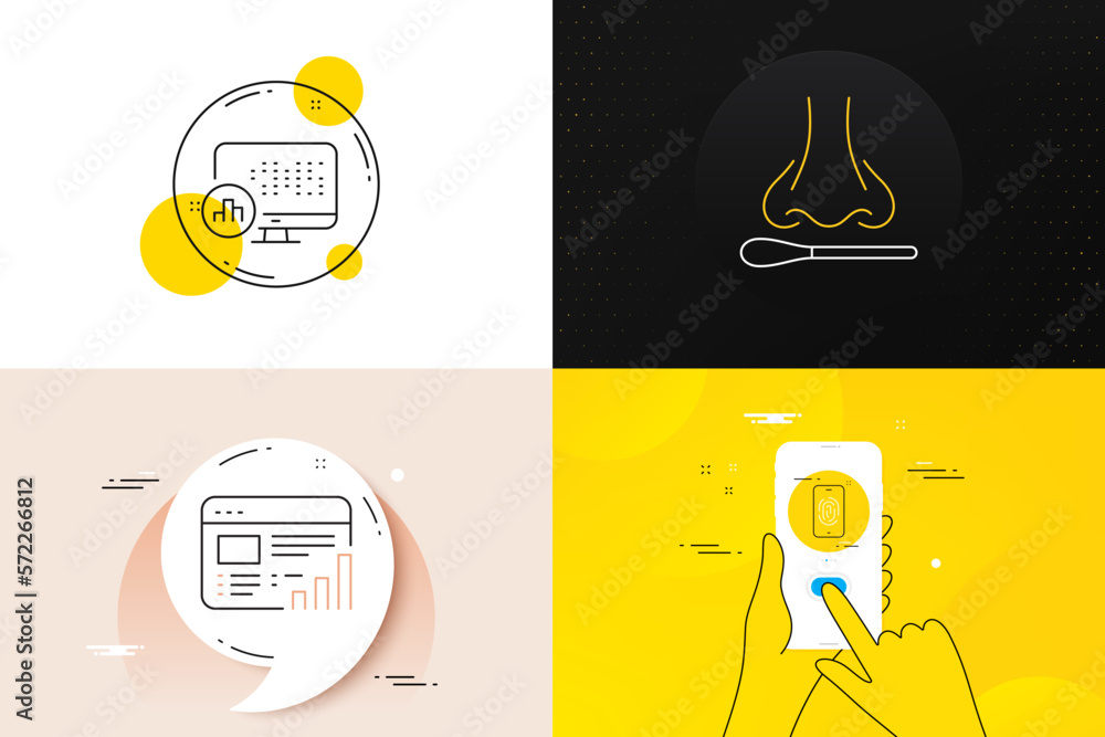 Poster minimal set of report statistics, web report and fingerprint line icons. phone screen, quote banners