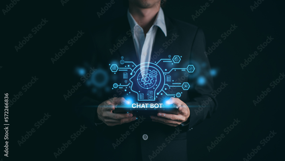 Poster ai (artificial intelligence), chatbot growing concept. businessman hand use tablet with analytics in