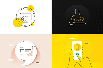 Minimal set of Report statistics, Web report and Fingerprint line icons. Phone screen, Quote banners. Nasal test icons. For web development. Graph chart, Biometric scan, Covid testing. Vector