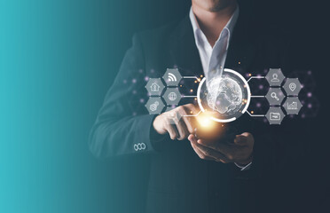 Global network connection, Social network communication. Businessmanuse smartphone. Link digital marketing. Internet data exchange, digital transformation, metaverse, big data visualization