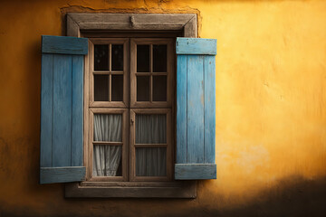 Obraz na płótnie Canvas The old yellow house with classic wooden window in blue color. Generative Ai image.