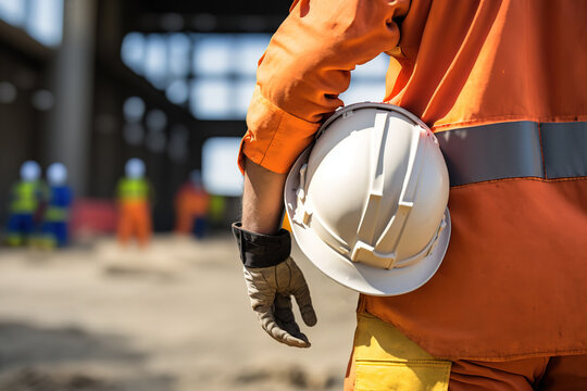 A construction worker is holding white safety helmet or hardhat with construction work site as background. Safe working practice in the industrial scene. Generative Ai image.	
