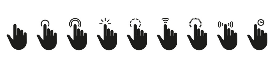 Obraz premium Hand Finger Touch, Swipe, Click, Press and Tap Silhouette Icon Set. Gesture Slide Left and Right Black Icon. Double Click and Tap Sign. Isolated Vector Illustration