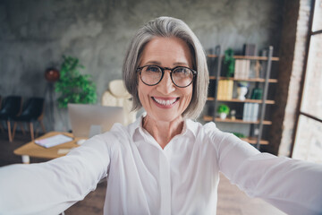 Portrait of satisfied experienced recruiter take selfie record video beaming smile good mood...