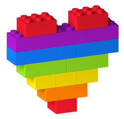 Rainbow color heart symbol built of colorful toy building block tiles, isolated