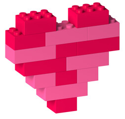 Red and pink color heart 3d symbol built of colorful toy building block tiles, isolated