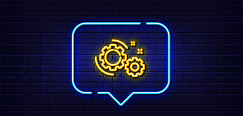 Neon light speech bubble. Gears line icon. Teamwork cogwheel sign. Working process symbol. Neon light background. Gears glow line. Brick wall banner. Vector