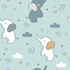 Сhildish pattern with cute elephant. Animal seamless background, cute vector texture for kids apparel, fabric, wallpaper, wrapping paper, textile, t-shirt print