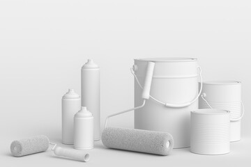 Set of metal and plastic buckets, spray paint, paint roller and brush