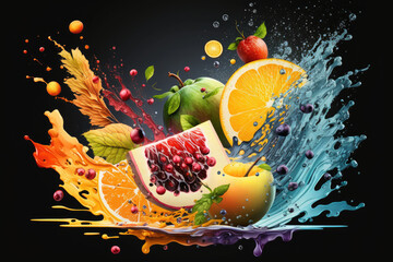 Various fruits and fruit juice splash, generative AI