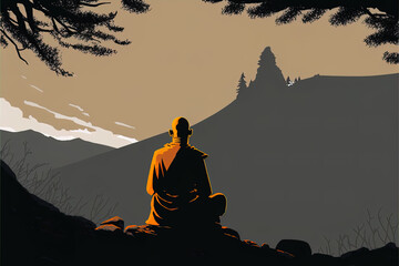 Journey to the Heart of the Mountains: A Meditating Monk amid a Beautiful Silhouette Landscape