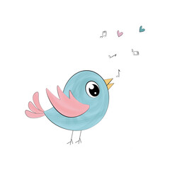 Illustration with singing bird, bird with heart