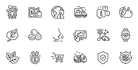 Outline set of Shopping cart, Approved and Vacuum cleaner line icons for web application. Talk, information, delivery truck outline icon. Include Cloud computing, Organic tested, Apple icons. Vector