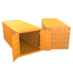 3D design of cargo containers for storage transportation illustration. 3D design of two orange colored cargo with open and closed doors, front view illustration