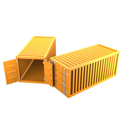 3D design of cargo containers for storage transportation illustration. 3D design of two orange colored cargo with open and closed doors, side view illustration