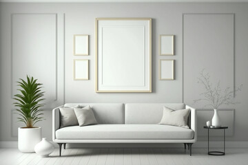 Fototapeta na wymiar Blank Frame In Modern Interior Background, Living Room Cream Desain, Scandinavian Style, 3D Render, 3D Illustration. Generative AI.