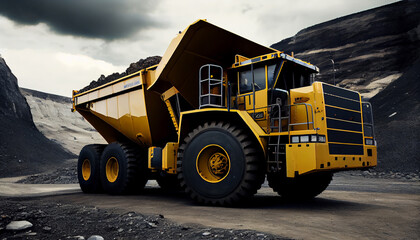 Large quarry dump truck in coal mine. Mining equipment for the transportation of minerals.