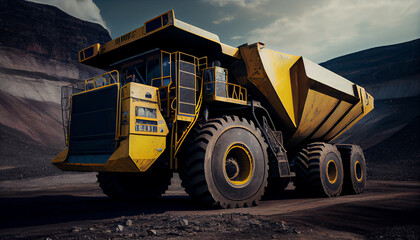 Fototapeta premium Large quarry dump truck in coal mine. Mining equipment for the transportation of minerals.