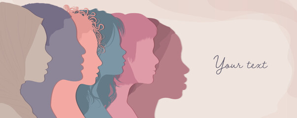 Silhouette profile group of multicultural women. International Women’s day. Female social community of diverse culture. Colleagues. Racial equality.  Empowerment. Banner poster copy space