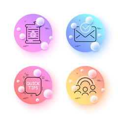 Inclusion, Oil barrel and Quick tips minimal line icons. 3d spheres or balls buttons. Approved mail icons. For web, application, printing. Equity rainbow, Gasoline fuel, Helpful tricks. Vector