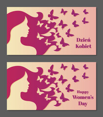 Women's Day. Woman's hair turned into Butterflies. Polish and english version.