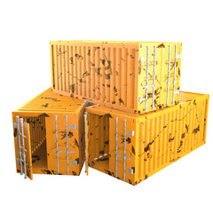 3D design of cargo containers for storage transportation illustration. 3D design of three orange colored scratched cargo with open and closed doors
